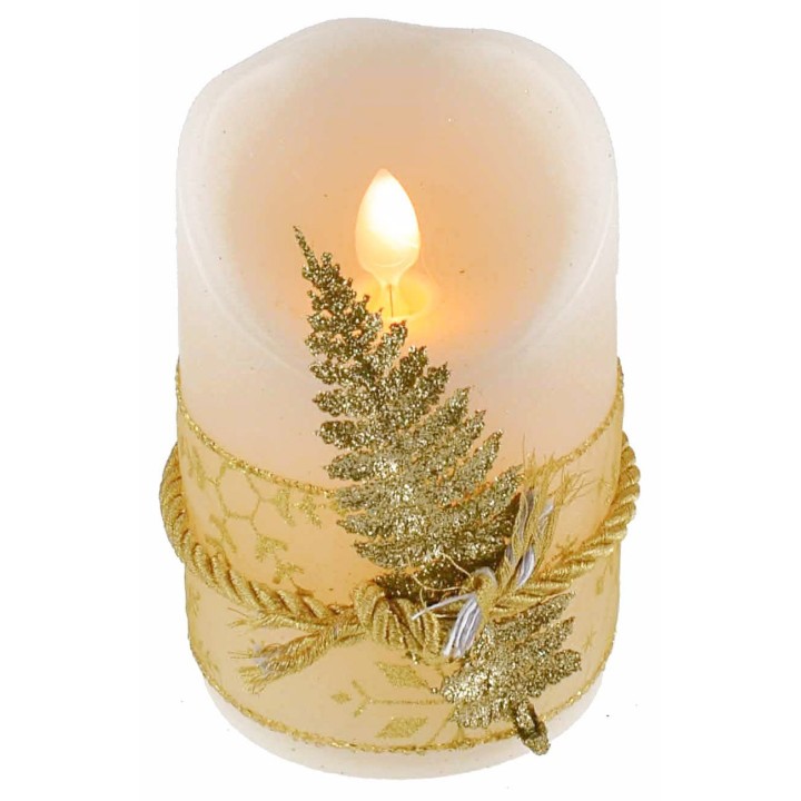 Candela led a batterie decorata da nastro con foglia oro h 11 cm