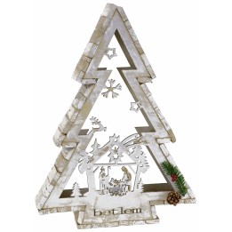 White wooden tree with candle holder and Nativity h 58 cm