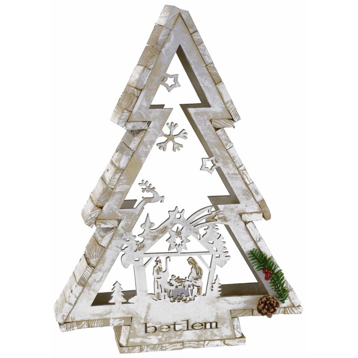 Albero in legno bianco con portacandela e Natività h 58 cm
