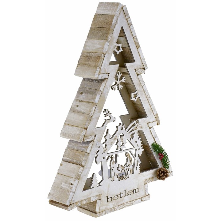 White wooden tree with candle holder and Nativity h 58 cm