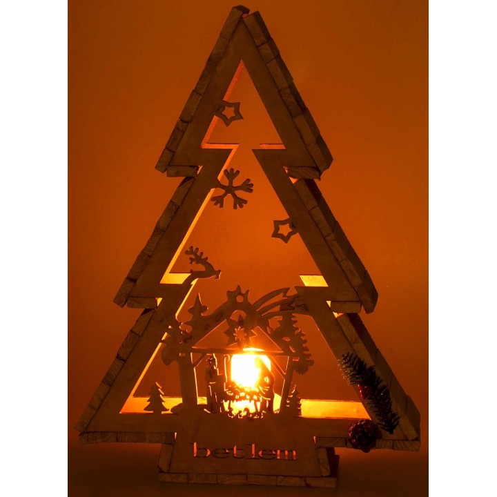 Árbol de madera blanca con portavelas y Natividad h 58 cm