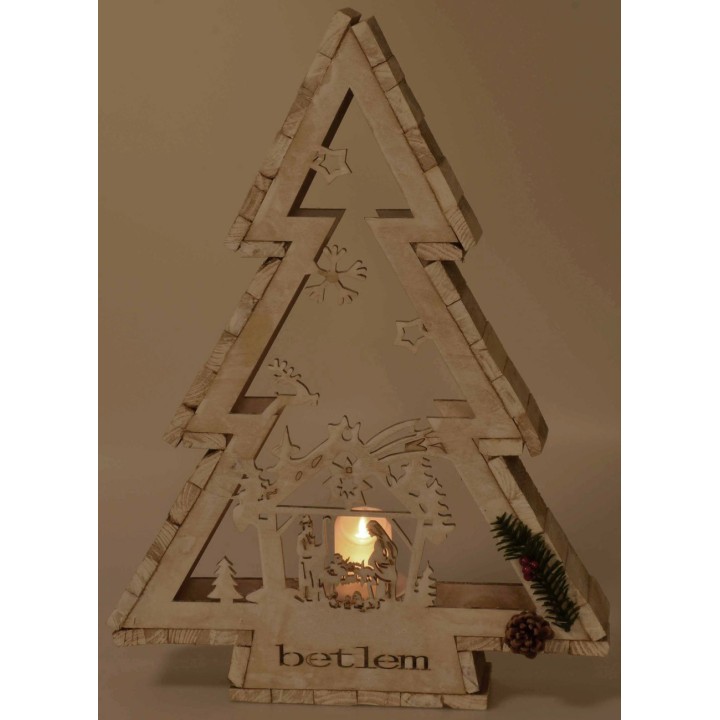 White wooden tree with candle holder and Nativity h 58 cm