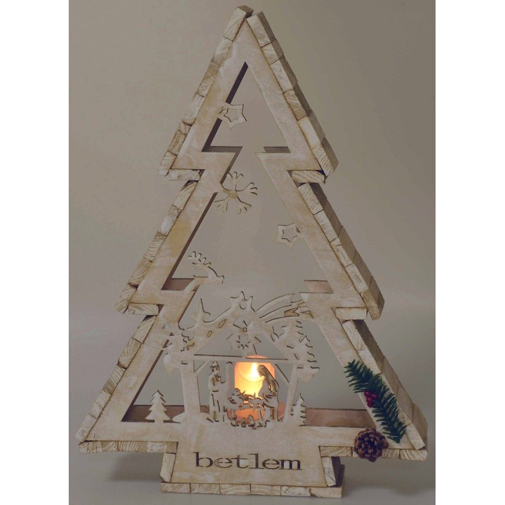 Albero in legno bianco con portacandela e Natività h 58 cm
