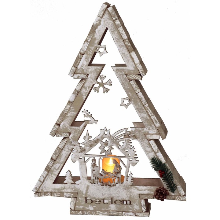 Árbol de madera blanca con portavelas y Natividad h 58 cm