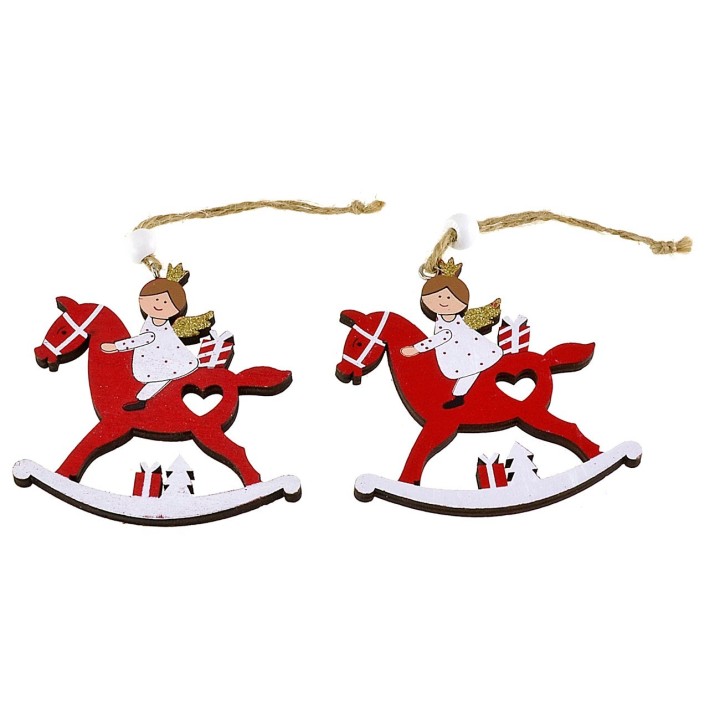 Set 2 angeli a cavallo rosso in legno cm 8x9 h per albero di
