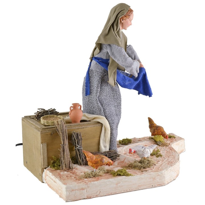 Lux peasant woman with moving chickens 30 cm