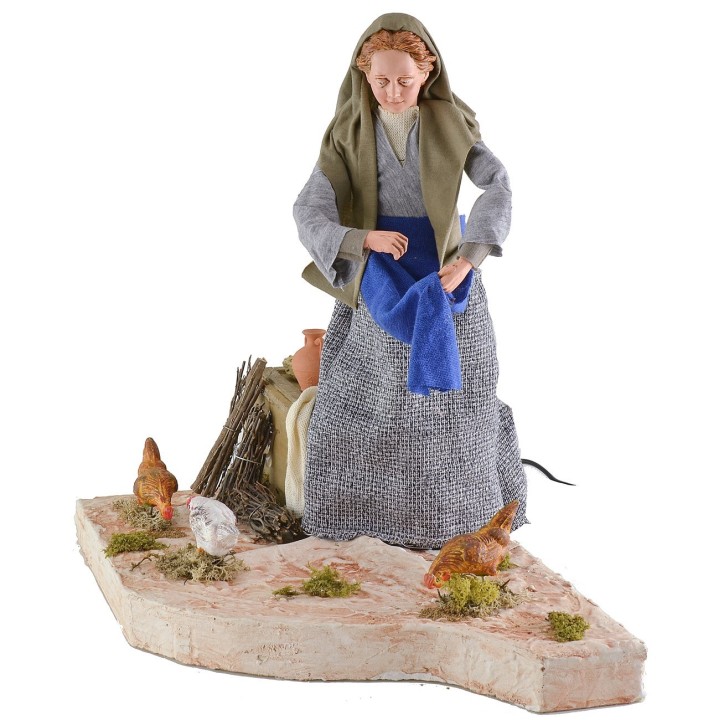 Lux peasant woman with moving chickens 30 cm
