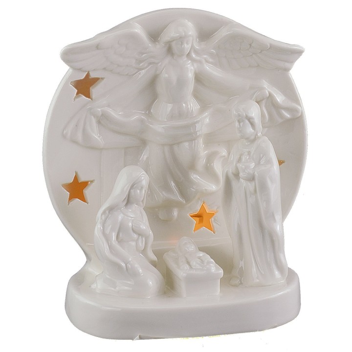 Nativity with illuminated porcelain angel 12.5x10x16 cm h