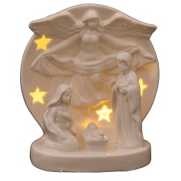 Natività con angelo in porcellana illuminata cm 12,5x10x16 h