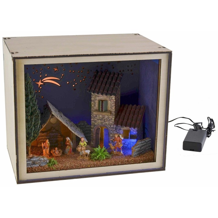 Nativity box with figurines and lights 24.5x16.6x20 cm h