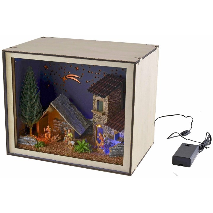 Nativity box with figurines and lights 24.5x16.6x20 cm h