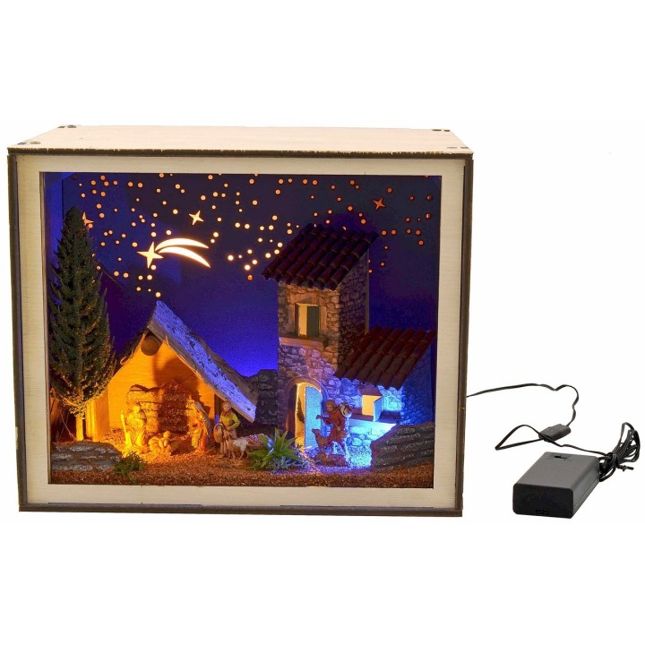 Nativity box with figurines and lights 24.5x16.6x20 cm h