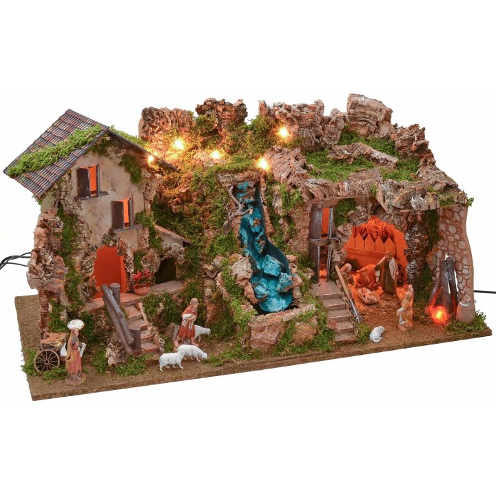 Belén iluminado con cueva, cascada y fuego completo con figuras