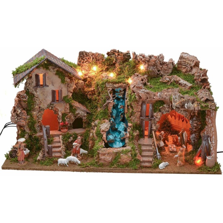 Presepe illuminato con grotta, cascata e fuoco completo di