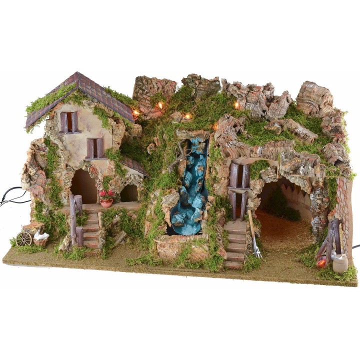 Belén iluminado con cueva, cascada y fuego de 77x37x38 cm h