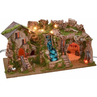 Presepe illuminato con grotta, cascata e fuoco cm 77x37x38 h