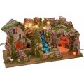 Belén iluminado con cueva, cascada y fuego de 77x37x38 cm h