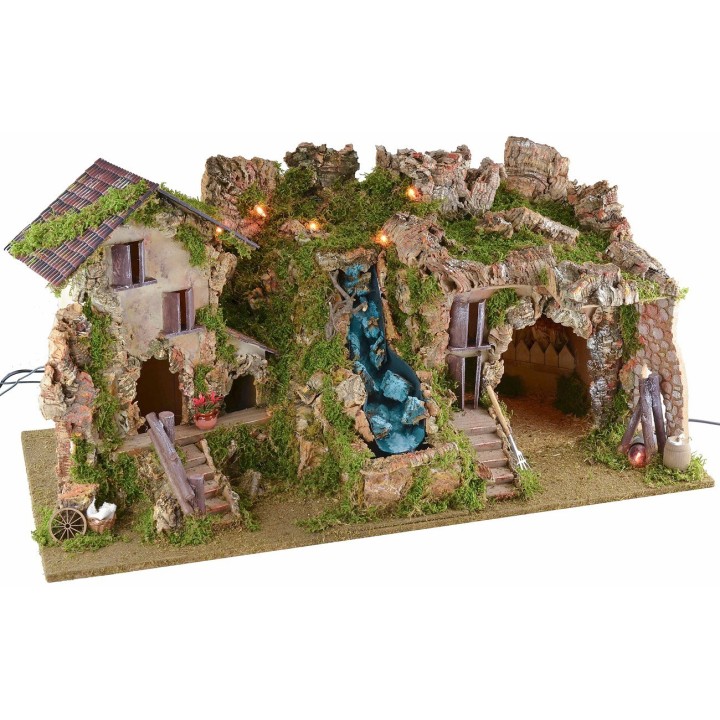 Belén iluminado con cueva, cascada y fuego de 77x37x38 cm h