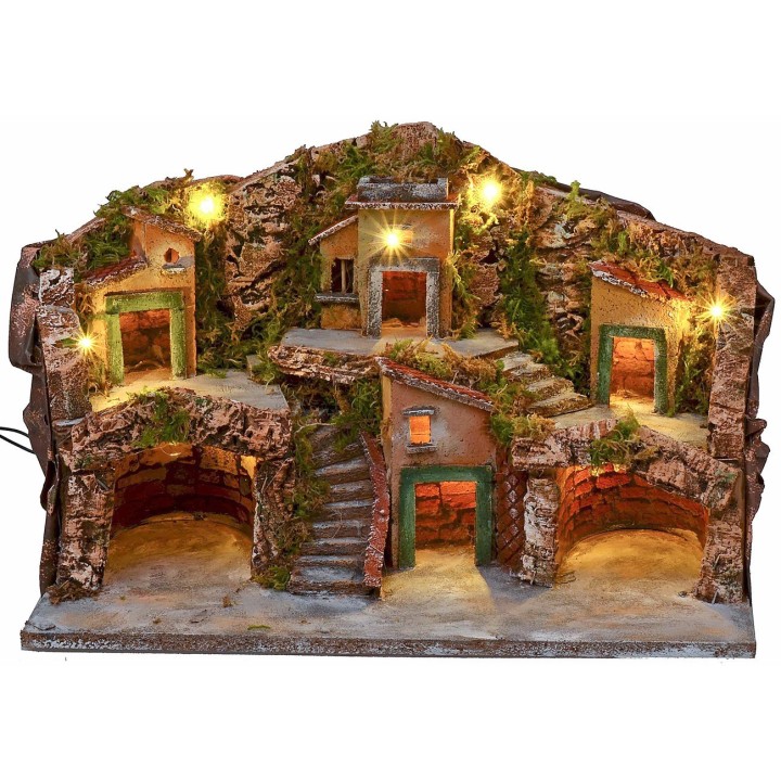 Pesebre con paisaje iluminado y cuevas de 50x24x32 cm h