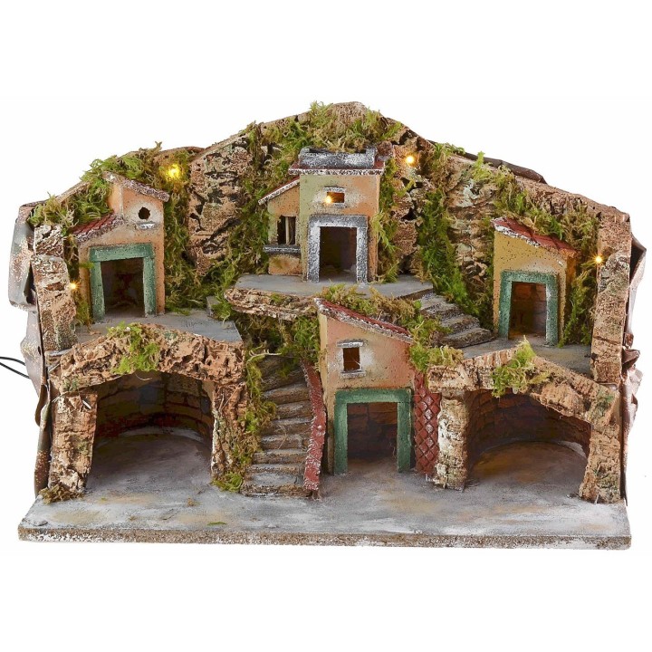Pesebre con paisaje iluminado y cuevas de 50x24x32 cm h