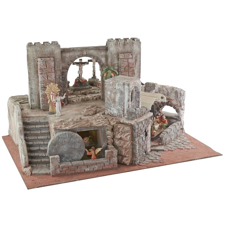 Illuminated Easter nativity scene complete with statues
