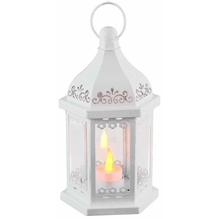 Linterna blanca hexagonal de metal con portavelas de 11,3x13x27