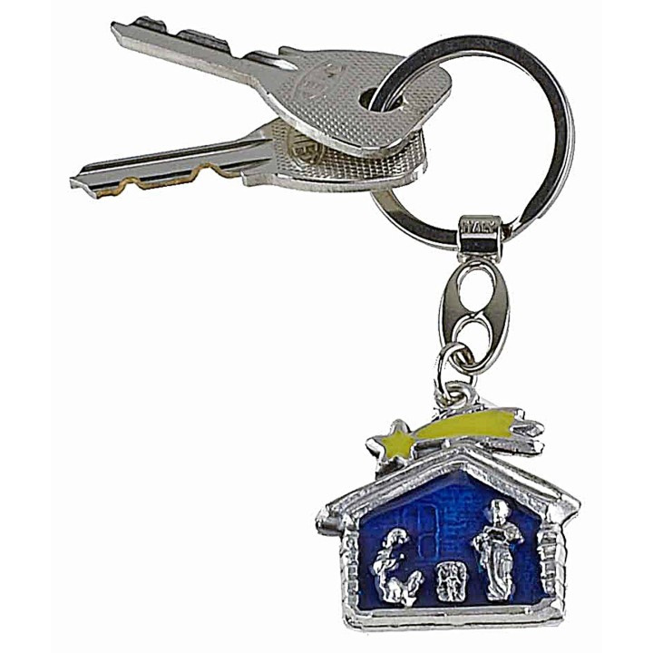 Metal key ring with hut and Nativity