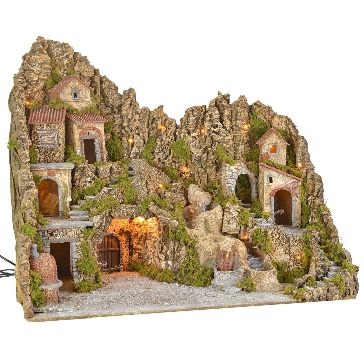 Presepe illuminato con grotta, fontana, cascata e fuoco
