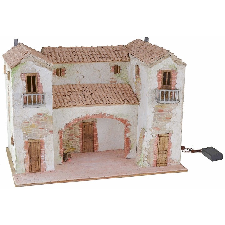 Stuccoed farmhouse with working illuminated fire 50x40x35 cm h