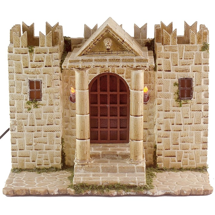 Resin castle with illuminated towers, dimensions 31x25x24.5 cm