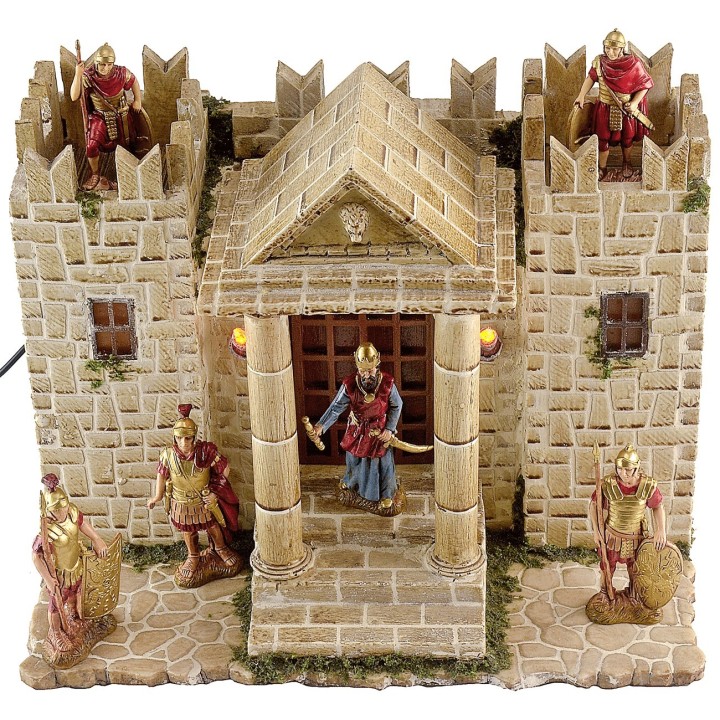Resin castle with illuminated towers, dimensions 31x25x24.5 cm