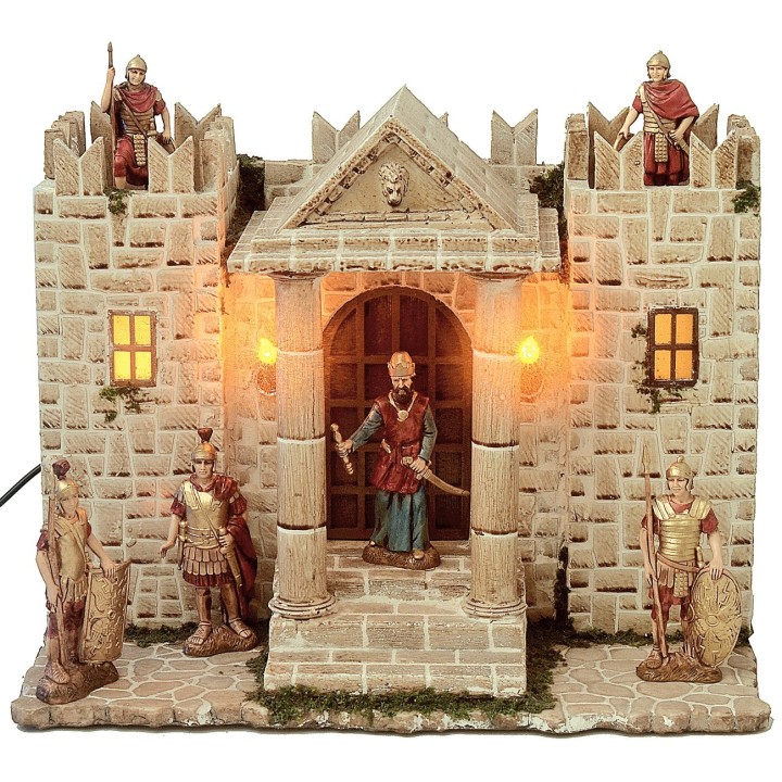 Resin castle with illuminated towers, dimensions 31x25x24.5 cm