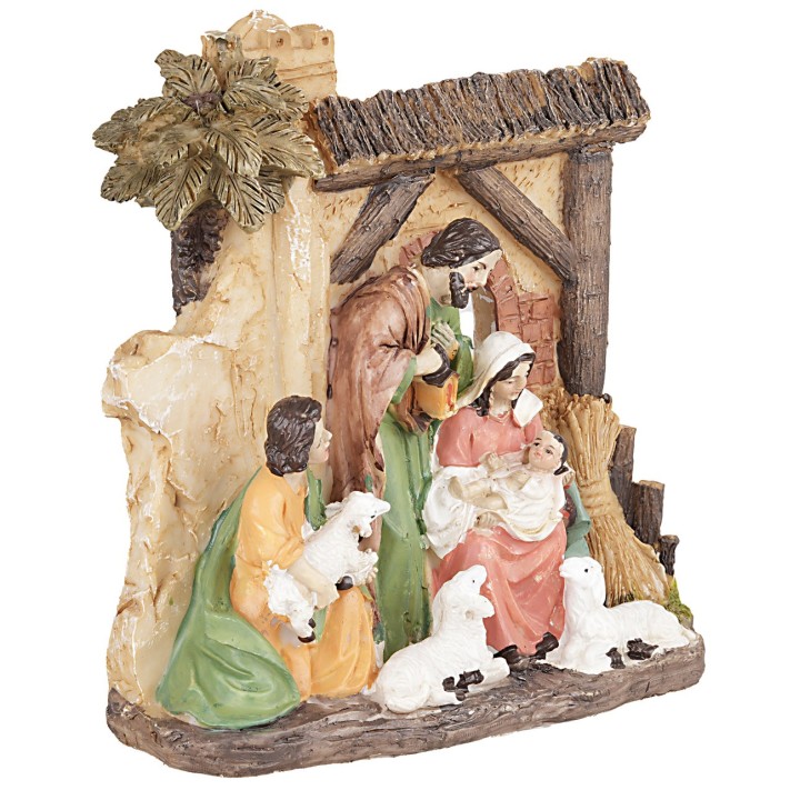 Nativity group in resin with sheep, dimensions 14x5.5x14.5 cm