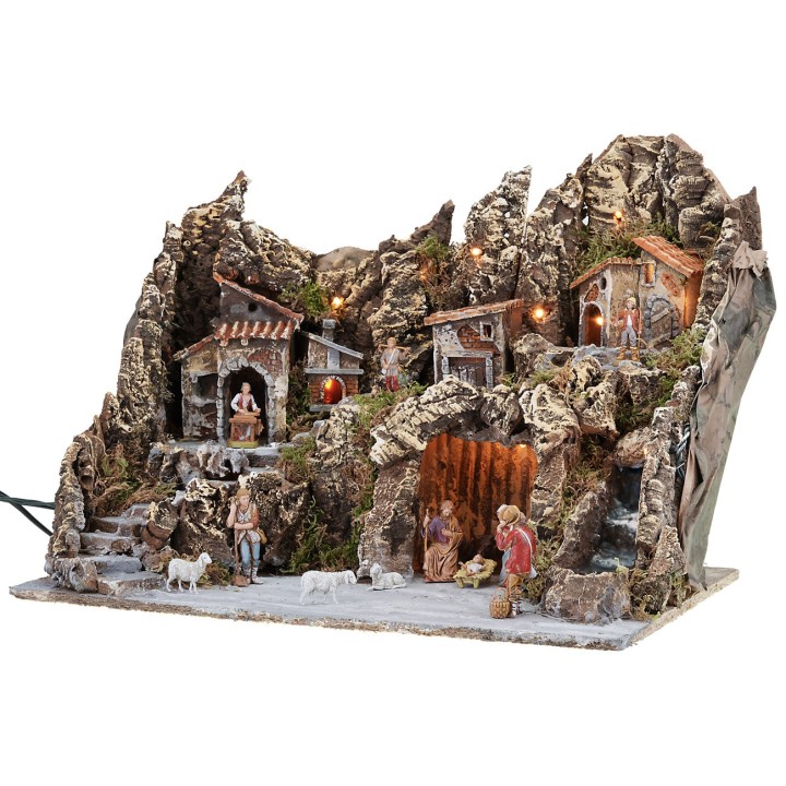 Nacimiento iluminado con horno y cascada funcional completo de