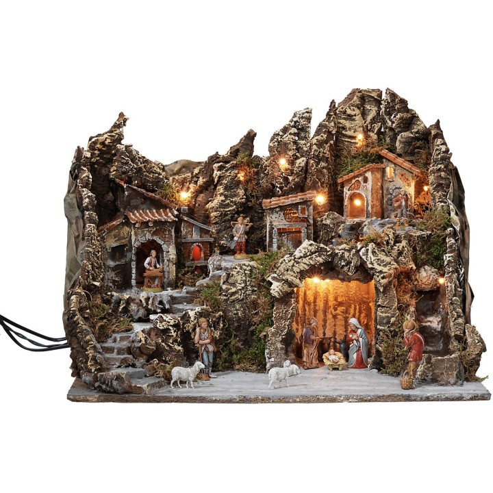 Nacimiento iluminado con horno y cascada funcional completo de