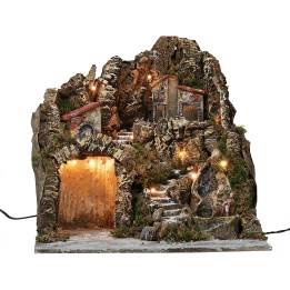 Illuminated nativity scene with waterfall and functioning