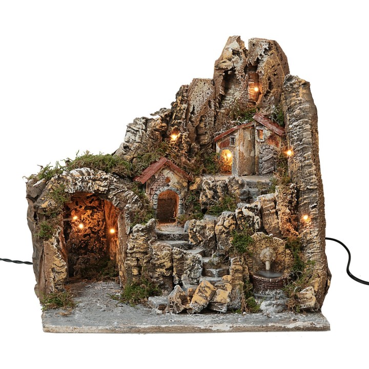 Illuminated nativity scene with functioning lion head fountain
