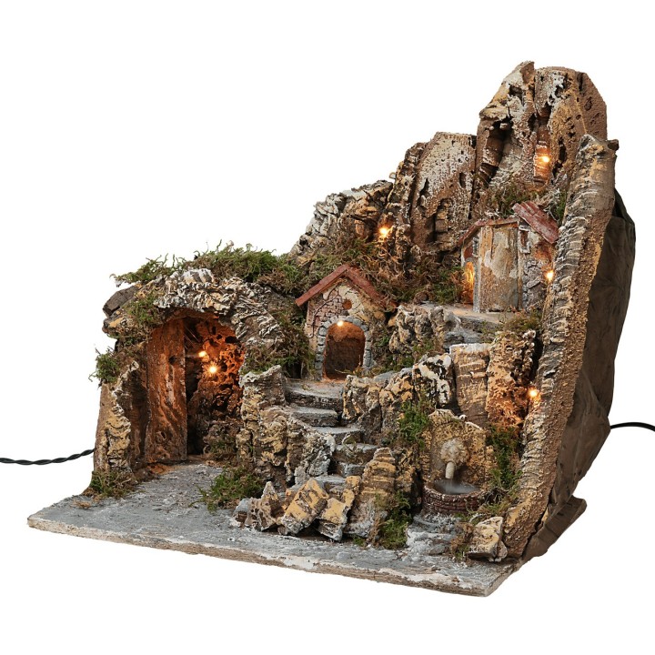Illuminated nativity scene with functioning lion head fountain