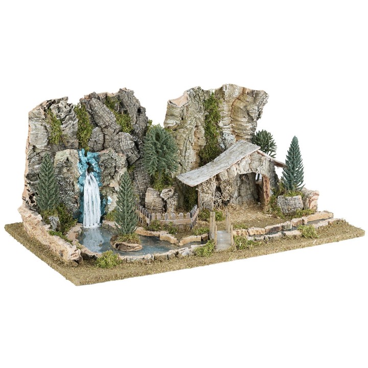 Pesebre con cabaña, lago y río efecto profundidad cm 56X36X25 h