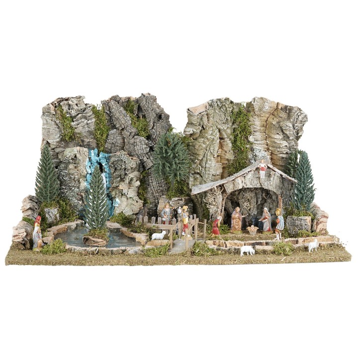 Nativity scene with hut, lake, and river with depth effect