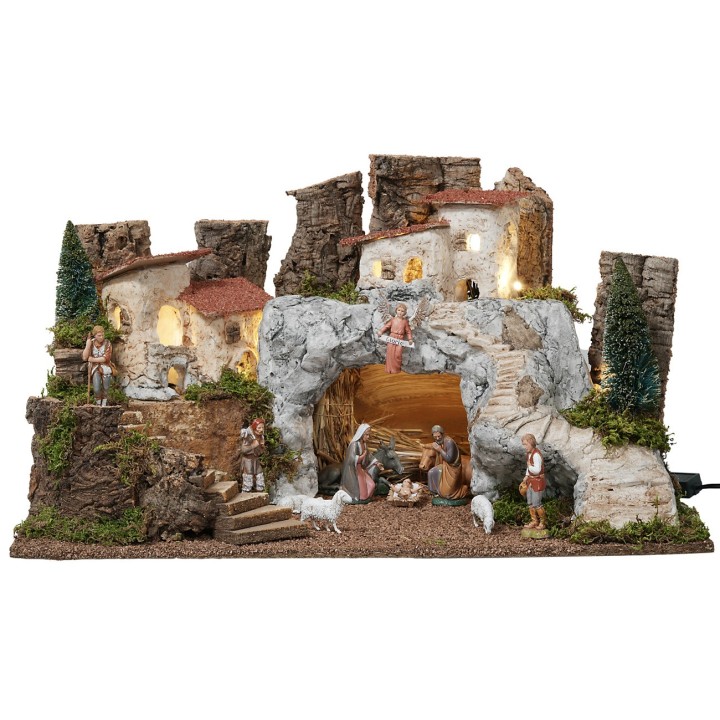 Pesebre con cueva de piedra blanca completo de estatuas Landi