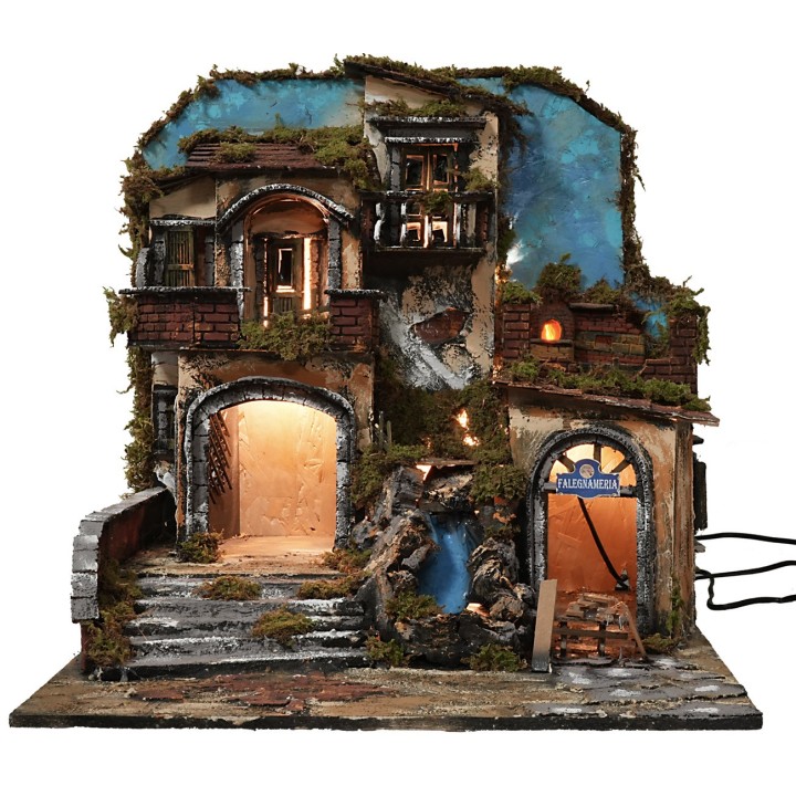 Illuminated nativity scene with working waterfall and flame