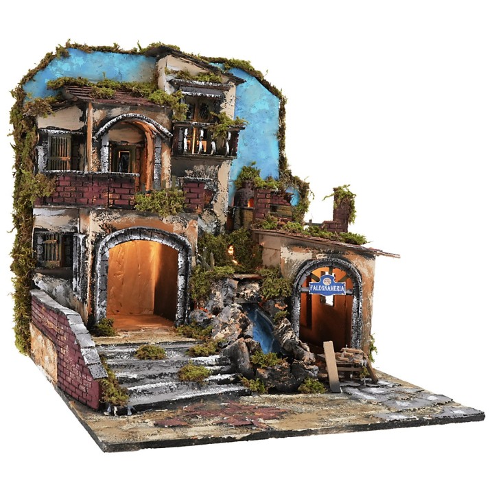 Presepe illuminato con cascata funzionante e fuoco effetto