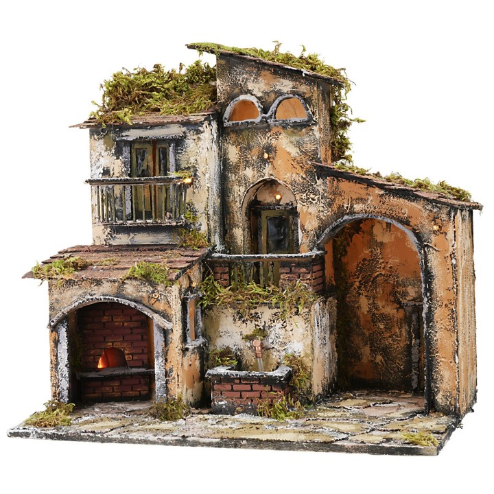 Presepe illuminato con fontana e forno funzionanti cm 46x32x45h