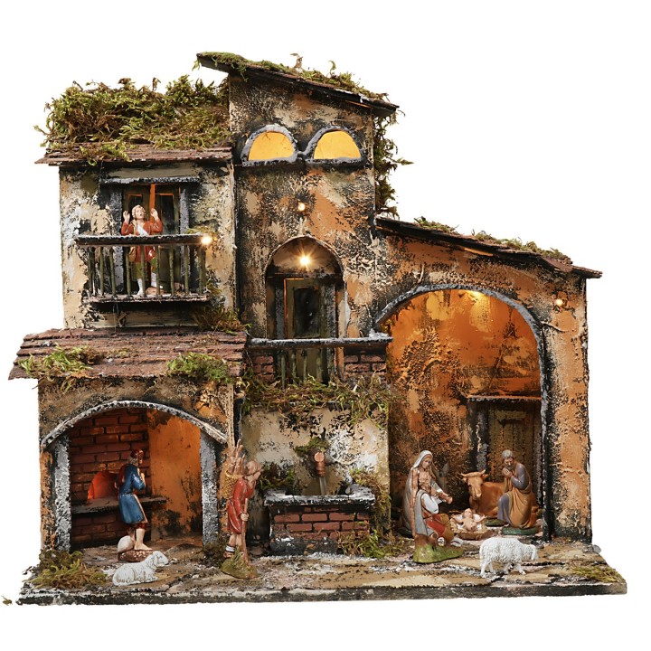 Illuminated nativity scene with working fountain and oven cm