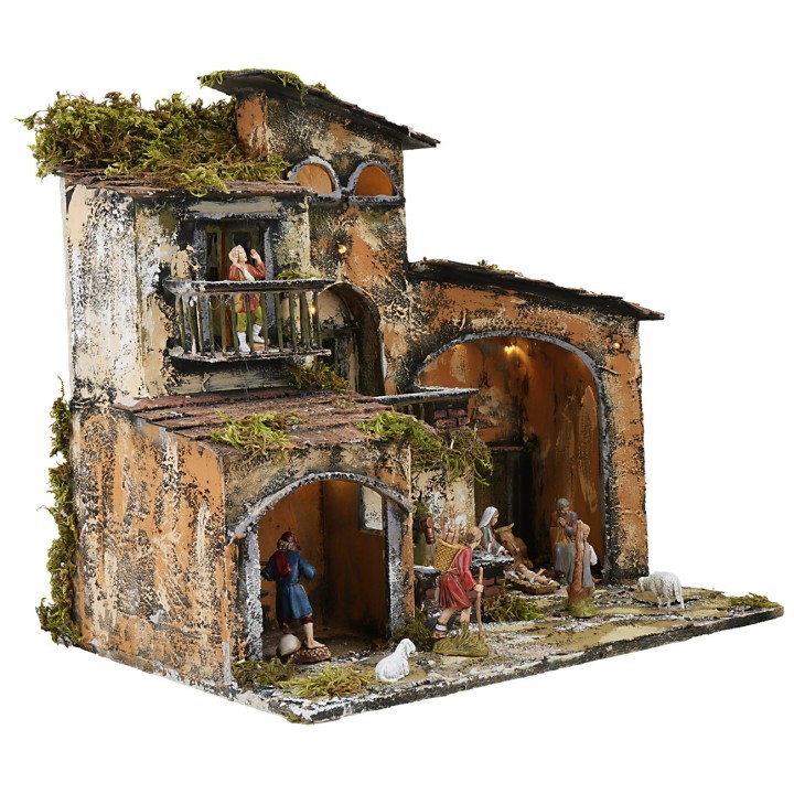 Presepe illuminato con fontana e forno funzionanti cm 46x32x45h