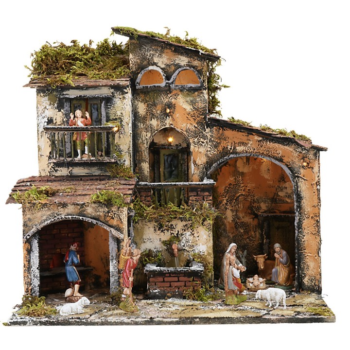 Presepe illuminato con fontana e forno funzionanti cm 46x32x45h