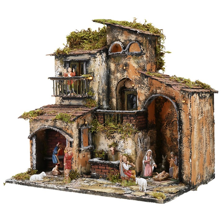 Illuminated nativity scene with working fountain and oven cm