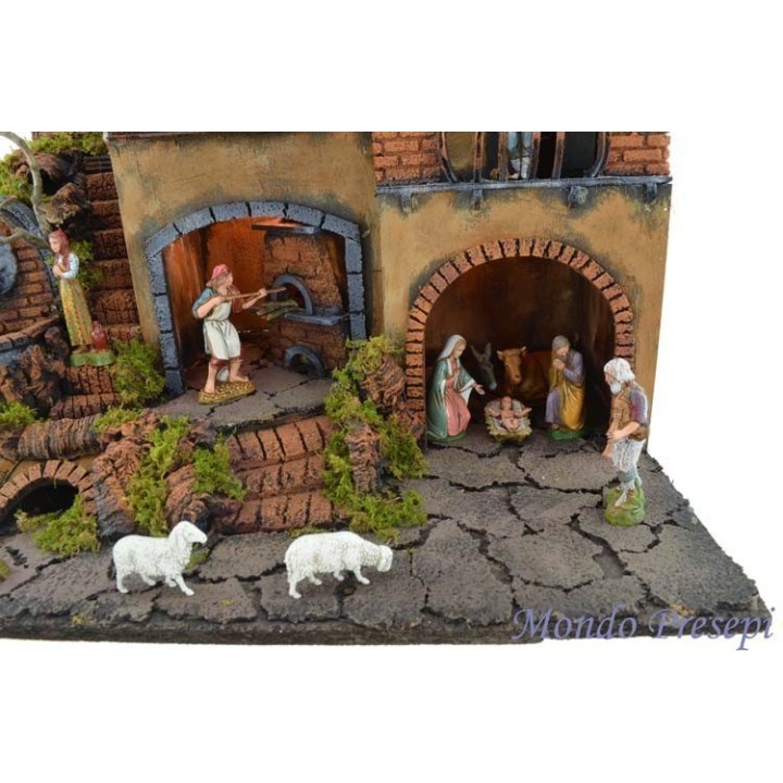 Crib complete with statues Landi lit, with a fountain and oven