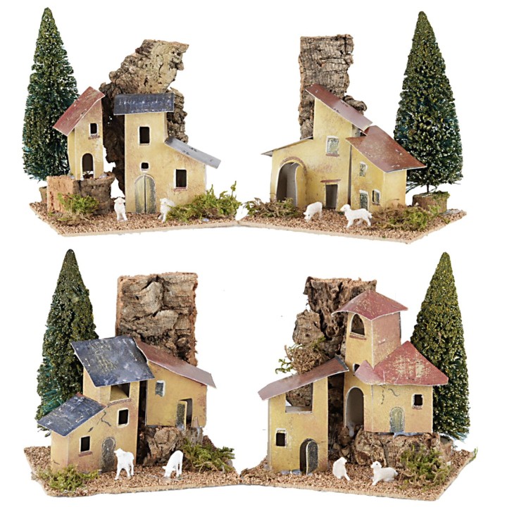 Juego de 4 casas con árboles de 15x10x13 cm h